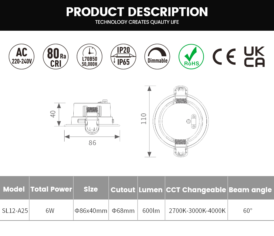 ADAYO fire rated dimmable led downlights